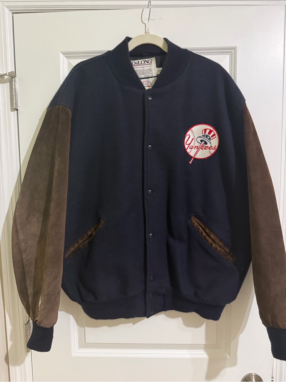 Vintage DeLONG New York Yankees Wool Leather Varsity Jacket XL Made USA 90s